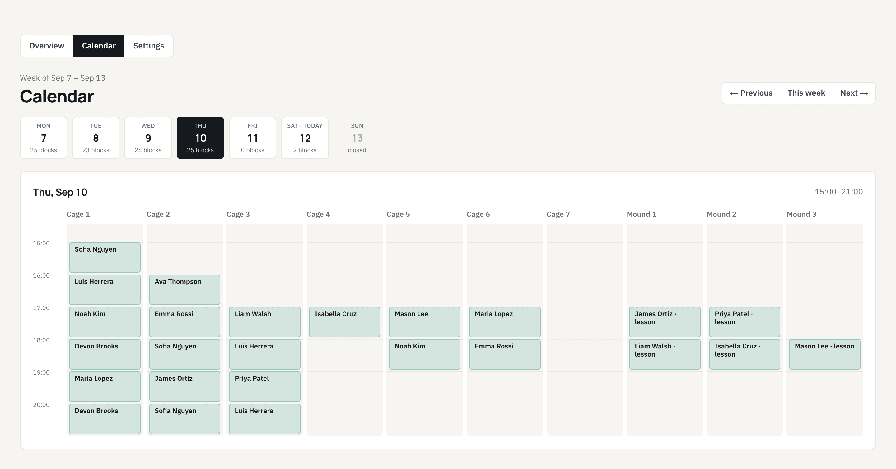 SwipeView booking calendar for a Thursday: ten cage and mound columns with rentals and lessons from 3 p.m. to 9 p.m.